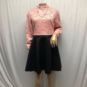 B Darlin Skater Dress Pink Lace Black Size 13-14 Long Sleeve Mock Neck Retro